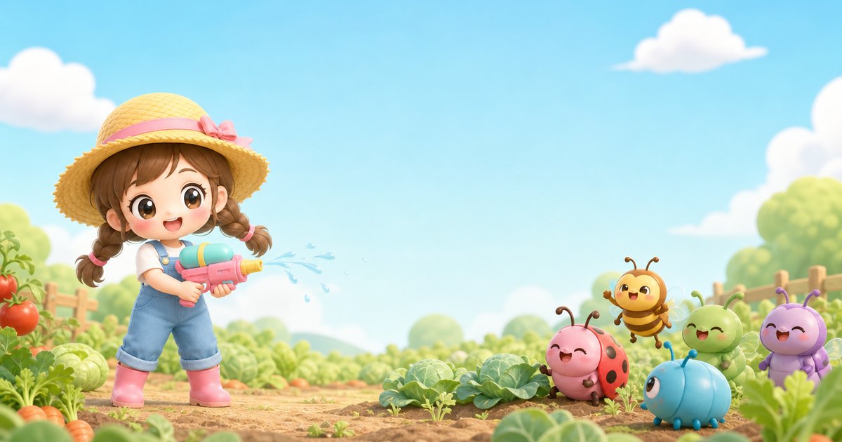 水鉄砲を持った女の子と、畑の虫たち